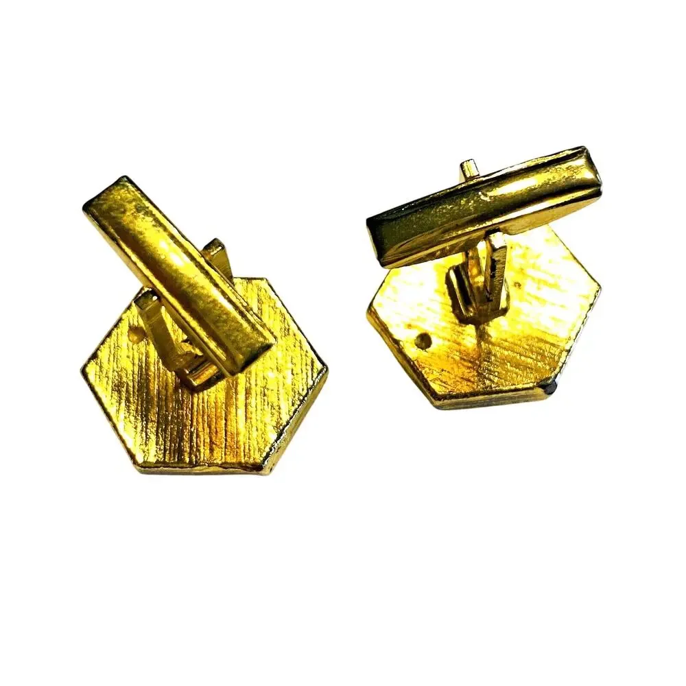 Unique Vintage Cufflinks 1970’s Goldtone & Reflecting Center Stones Hexagon Chic